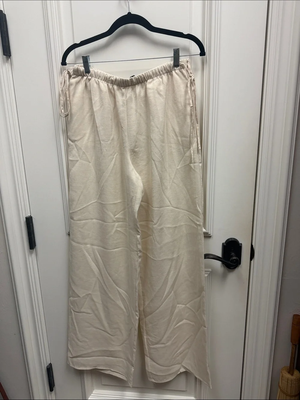 Zara Wide Leg Drawstring linen low rise side tie Cream ecru khaki trouser pants